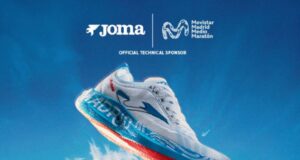 Running shoe against a blue sky backdrop of Madrid