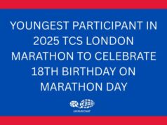 White text on blue background reads: Youngest participant in 2025 TCS London Marathon to celebrate 18th birthday on Marathon Day
