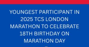White text on blue background reads: Youngest participant in 2025 TCS London Marathon to celebrate 18th birthday on Marathon Day