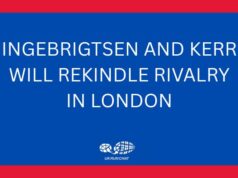 White text on blue background reads: Ingebrigtsen and Kerr will rekindle rivalry in London