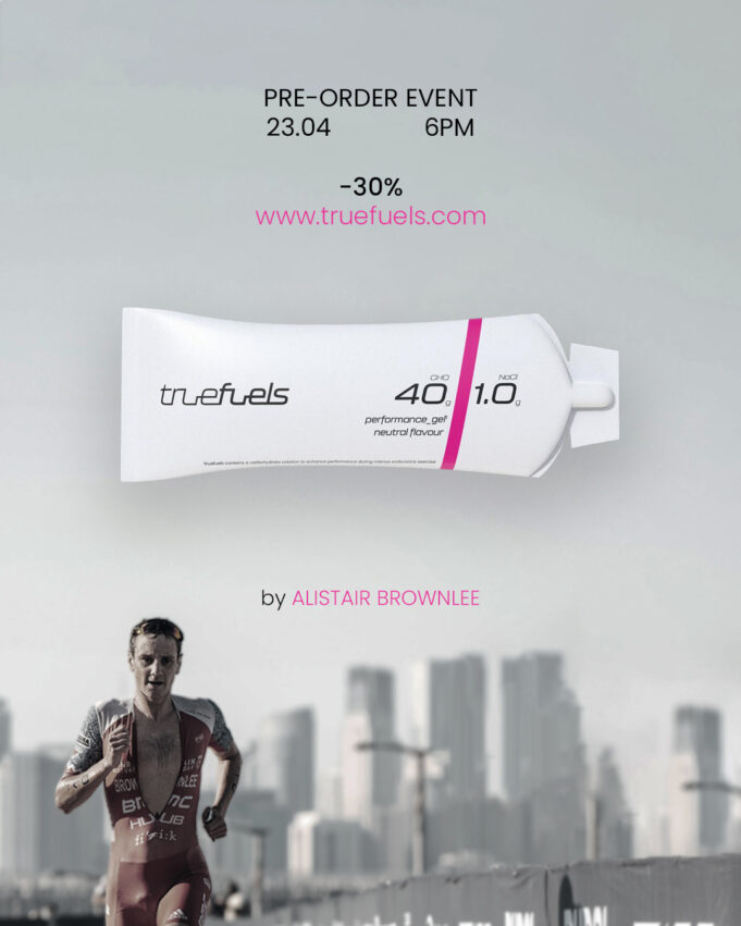 Poster showing a gel, and an athlete running in a city landscape.