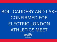 White tetx on blue background: BOL, CAUDERY AND LAKE CONFIRMED FOR ELECTRIC LONDON ATHLETICS MEET