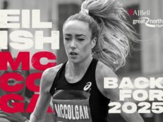 Black and white image of Eilish in black vest and a long blonde ponytail