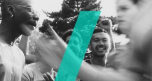 Black and white image of happy runners in a group chat