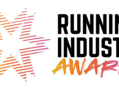 Logo made up of a pink and orange star and the words Running Industry Awards