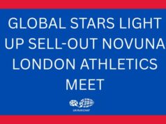 White text on blue background reads GLOBAL STARS LIGHT UP SELL-OUT NOVUNA LONDON ATHLETICS MEET