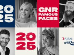 A poster in red white and blue showing a few celebrity faces including Tommy Fury and Dame Kelly Holmes