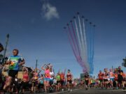 Great North Run 2027 Ballot Open The Red Arrows fly overhead a lot of colourful runners with their red, white and blue smoke on