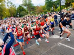 Runners on the start line just as the race has started