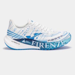 Side view of white running shoe with Firenze written in blue