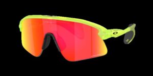 Pair of sunglasses with pink lenses and yellow frames