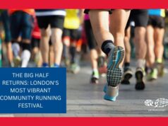 A photo of the bottoms of runners legs in a race, with text: The Big Half Returns: London's most vibrant community running festival
