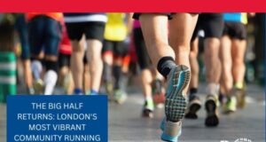 A photo of the bottoms of runners legs in a race, with text: The Big Half Returns: London's most vibrant community running festival