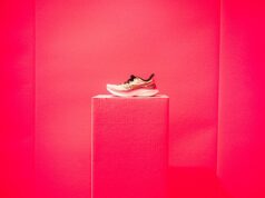 Special edition Endorphin Speed 5 Shoe on a pink plinth in a pink room