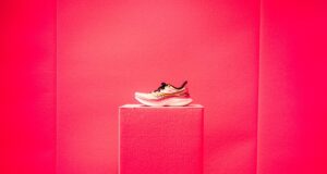 Shoe on a pink plinth in a pink room