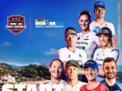 A montage of professional athletes head and torsos, mix of men and women, superimmpposed on a photo of a coastline with blue sky and trees.