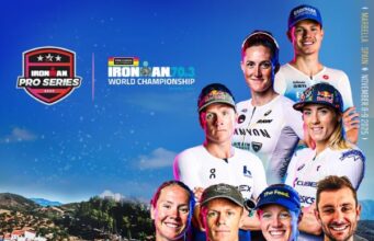 Start list: 70.3 World Championship in Spain A montage of professional athletes head and torsos, mix of men and women, superimmpposed on a photo of a coastline with blue sky and trees.