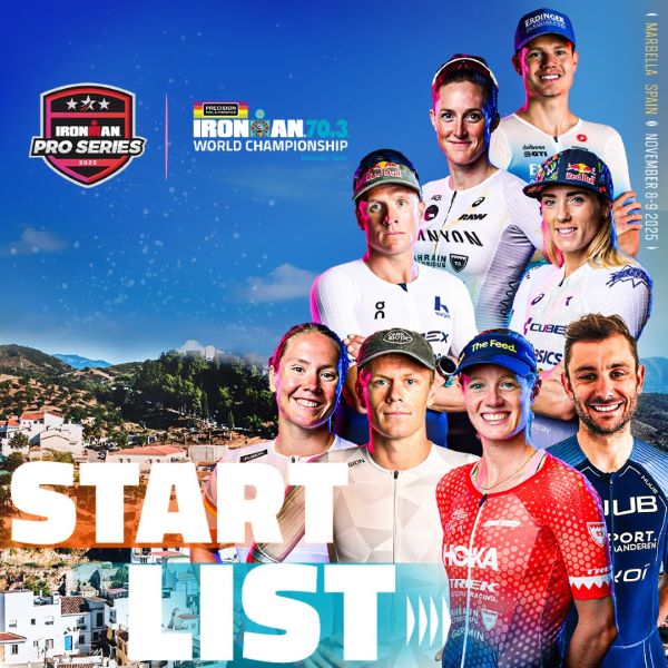 Ironman world champs A montage of professional athletes head and torsos, mix of men and women, superimmpposed on a photo of a coastline with blue sky and trees.