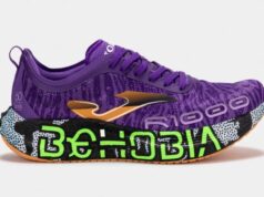 Purple running shoe with BEHOBIA written on the sole