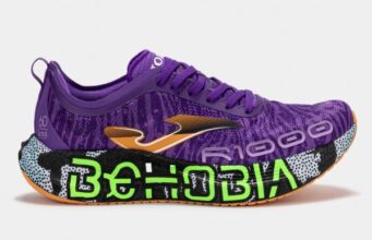 Purple running shoe with BEHOBIA written on the sole