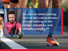 Image of a head and shoulders of man in pink T-shirt. Text reads: He says he hates running. So how did Ludwig Moreau end up training for the London Marathon, and actually enjoying it?