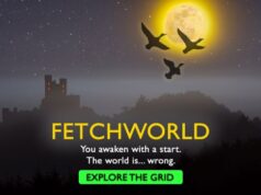 A computer generated image of a spooky castle under a full moon with geese flying by