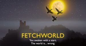 A computer generated image of a spooky castle under a full moon with geese flying by