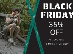 Muddy man hangs off a rope. Text reads Black Friday 35% Off