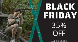 Muddy man hangs off a rope. Text reads Black Friday 35% Off