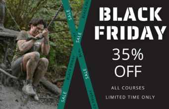 35% off all Castle Race Series events this Black Friday Muddy man hangs off a rope. Text reads Black Friday 35% Off