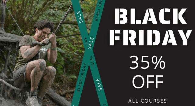 Muddy man hangs off a rope. Text reads Black Friday 35% Off