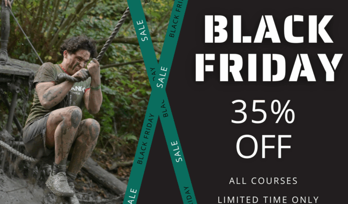 Muddy man hangs off a rope. Text reads Black Friday 35% Off