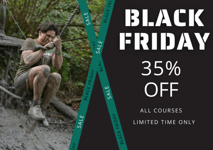 Muddy man hangs off a rope. Text reads Black Friday 35% Off
