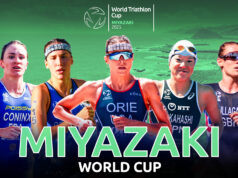 Powerhouse women’s field for 2025 World Cup Poster showing five female triathletes (head and torso) as a montage, with the words Miyazaki World Cup