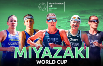 Poster showing five female triathletes (head and torso) as a montage, with the words Miyazaki World Cup