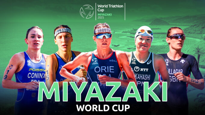 Miyazaki World Triathlon Poster showing five female triathletes (head and torso) as a montage, with the words Miyazaki World Cup
