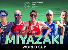 World-class men’s field 2025 World Triathlon Cup Montage of five male triathletes head and torsos with the words Miyazaki World Cup