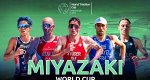Montage of five male triathletes head and torsos with the words Miyazaki World Cup