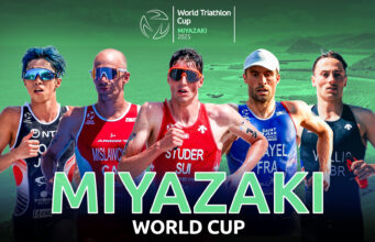 Montage of five male triathletes head and torsos with the words Miyazaki World Cup