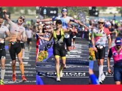 Three photos of British triathletes crossing the finish line