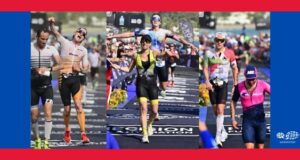 Three photos of British triathletes crossing the finish line