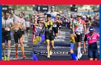Three photos of British triathletes crossing the finish line