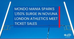 Photo of a pole vault bar and the words MONDO MANIA SPARKS 1,150% SURGE IN NOVUNA LONDON ATHLETICS MEET TICKET SALES