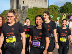 10 years of community impact for R4W Charity Smiling women in black t-shirts and running kit walk past a castle