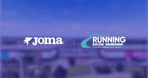 Joma logo and National Running Show logo on a purple background