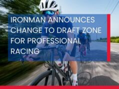 White text on photo of people racing on road bikes. Text reads IRONMAN Announces Change to Draft Zone for Professional Racing
