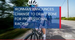 White text on photo of people racing on road bikes. Text reads IRONMAN Announces Change to Draft Zone for Professional Racing