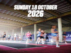 People inside a warehouse, running. Text reads: Sunday 18 October 2026