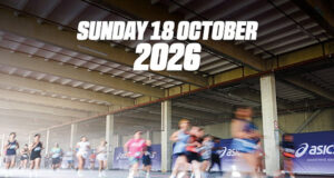 People inside a warehouse, running. Text reads: Sunday 18 October 2026