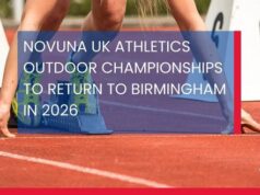 White text on blue background over a photo of a woman in the starting blocks on a track: Novuna UK Athletics Outdoor Championships will return to Birmingham in 2026
